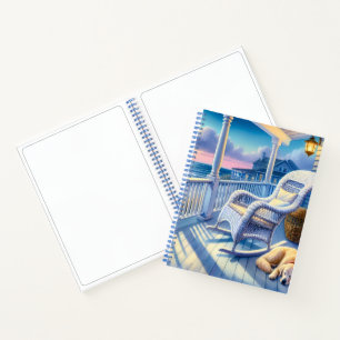 Moonlit Coastal Porch with Dog & Ocean View Notebook