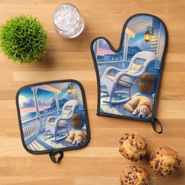 Moonlit Coastal Porch with Dog & Ocean View Oven Mitt & Pot Holder Set (Top Down)