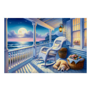 Moonlit Coastal Porch with Dog & Ocean View Poster