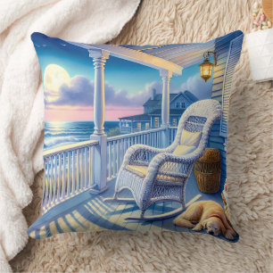 Moonlit Coastal Porch with Dog & Ocean View Throw Pillow