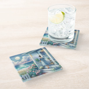 Moonlit Cottage Porch by the Sea Glass Coaster