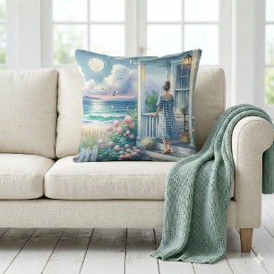 Moonlit Cottage Porch by the Sea Throw Pillow