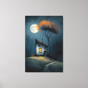 Moonlit Cottage Under the Autumn Tree Canvas Print