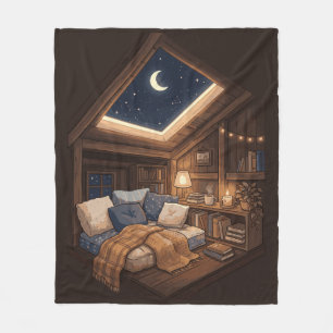 Moonlit Cozy Cabin Reading Nook Illustration Fleece Blanket