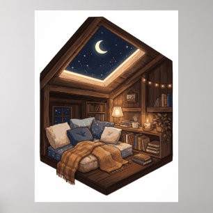 Moonlit Cozy Cabin Reading Nook Illustration Poster
