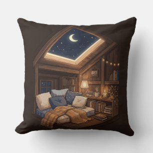 Moonlit Cozy Cabin Reading Nook Illustration Throw Pillow