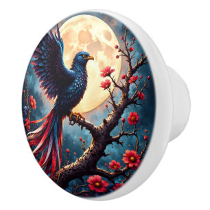 Moonlit Crimsonwing – Mystical Fantasy Bird.  Ceramic Knob