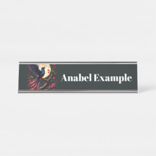 Moonlit Crimsonwing – Mystical Fantasy Bird. Desk Name Plate