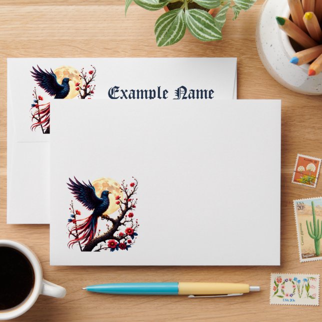 Moonlit Crimsonwing – Mystical Fantasy Bird.  Envelope (Desk)
