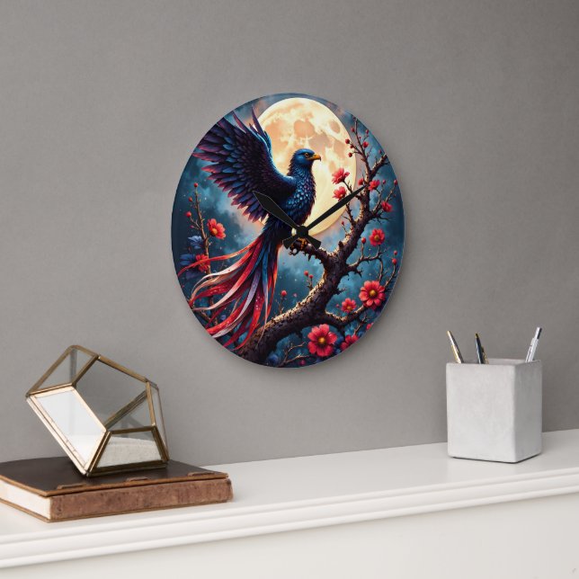 Moonlit Crimsonwing – Mystical Fantasy Bird. Large Clock (Office)