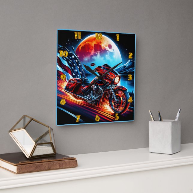 Moonlit cruise with the American flag Square Wall Clock (Office)