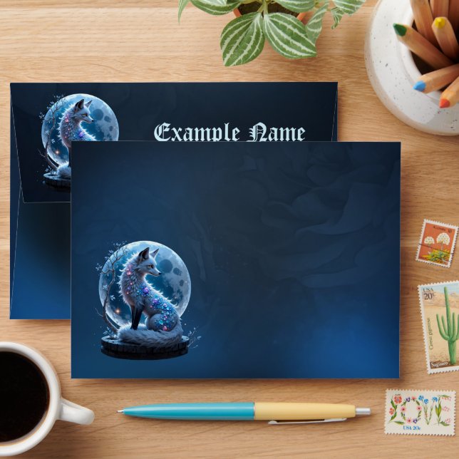 Moonlit Crystal Fox – Guardian of Silent Dreams.  Envelope (Desk)
