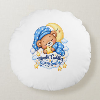 Moonlit Cuddles Starry Smiles Cute Sleeping Teddy  Round Pillow