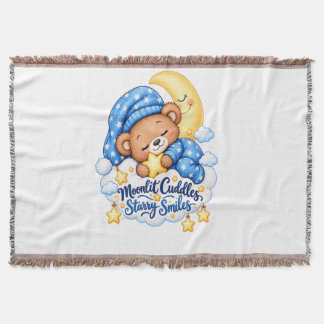 Moonlit Cuddles Starry Smiles Cute Sleeping Teddy  Throw Blanket