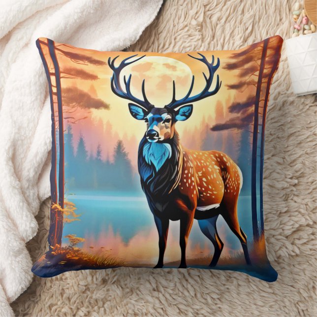 Moonlit Deer Stance Throw Pillow (Blanket)