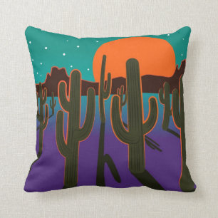 Moonlit desert with cactus. throw pillow