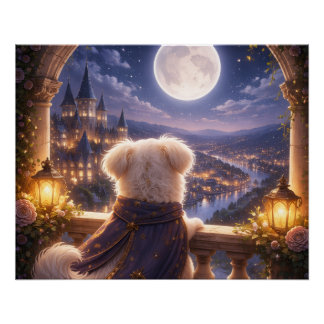 Moonlit Dream – Dog Watching a Magical City Poster