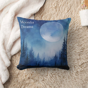 Moonlit Dreams Watercolor Night Sky Forest Custom Throw Pillow