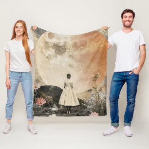 Moonlit Elegance - Back View of Woman with Moon 2 Fleece Blanket