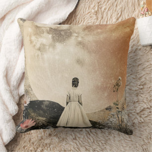 Moonlit Elegance - Back View of Woman with Moon 2 Throw Pillow