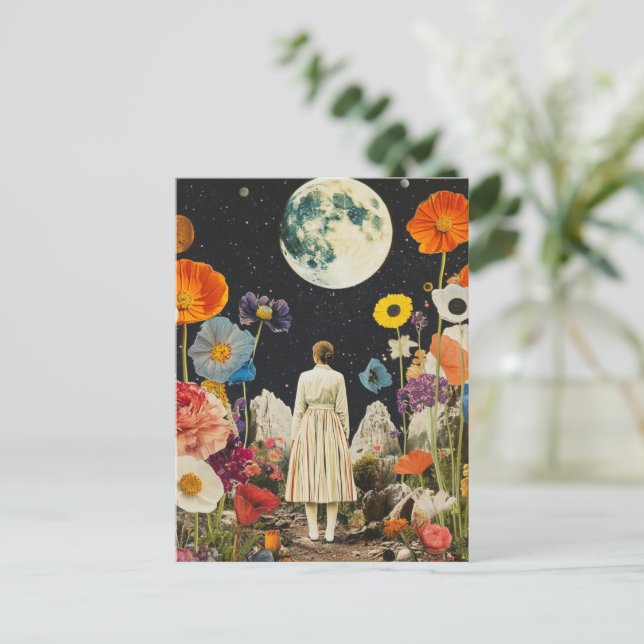 Moonlit Elegance - Back View of Woman with Moon 3 Postcard (Standing Front)