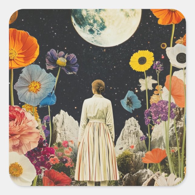 Moonlit Elegance - Back View of Woman with Moon 3 Square Sticker (Front)