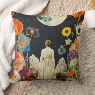 Moonlit Elegance - Back View of Woman with Moon 3 Throw Pillow