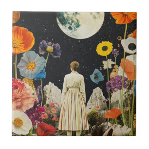 Moonlit Elegance - Back View of Woman with Moon 3 Tile