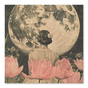 Moonlit Elegance - Back View of Woman with Moon Wallpaper