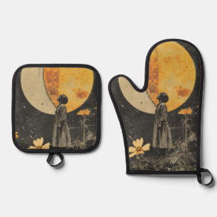 Moonlit Elegance - Woman with Moon Oven Mitt & Pot Holder Set