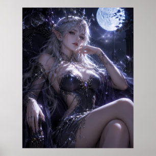 Moonlit Elf Queen Fantasy Portrait   Dark Blue Got Poster