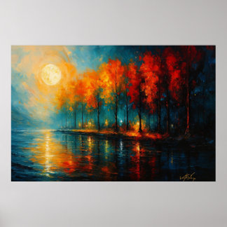Moonlit Ember Grove Autumn Reflections Poster