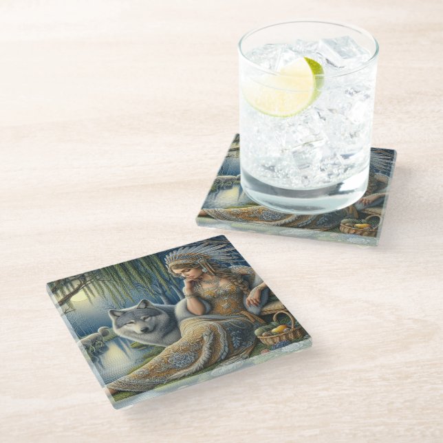 Moonlit Enchantment in the Mystic Forest Glass Coaster (Angled)
