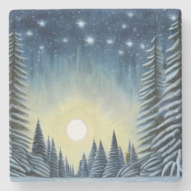 Moonlit Evergreen Snowscape Under The Night Stars Stone Coaster (Front)