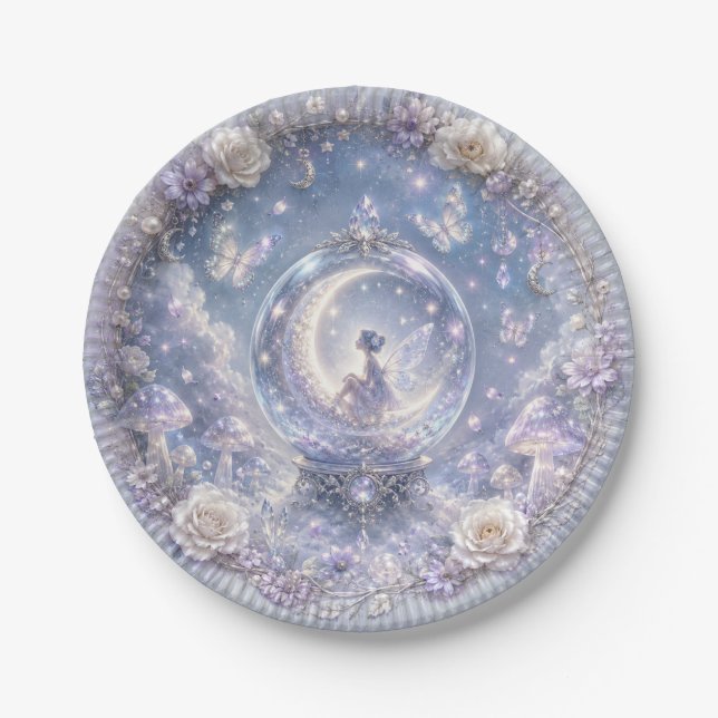 Moonlit fairy in a crystal globe paper plate (Front)