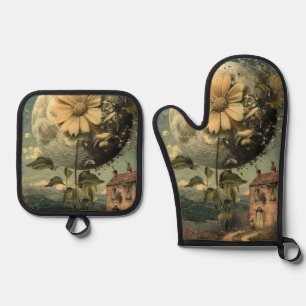 Moonlit Flower & Vintage Charm Oven Mitt & Pot Holder Set