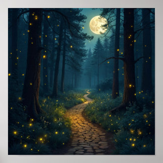 Moonlit Forest Path with Fireflies Poster
