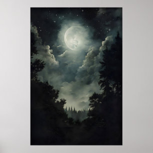 Moonlit Forest Print, Gothic Witchy Decor, Dark Poster