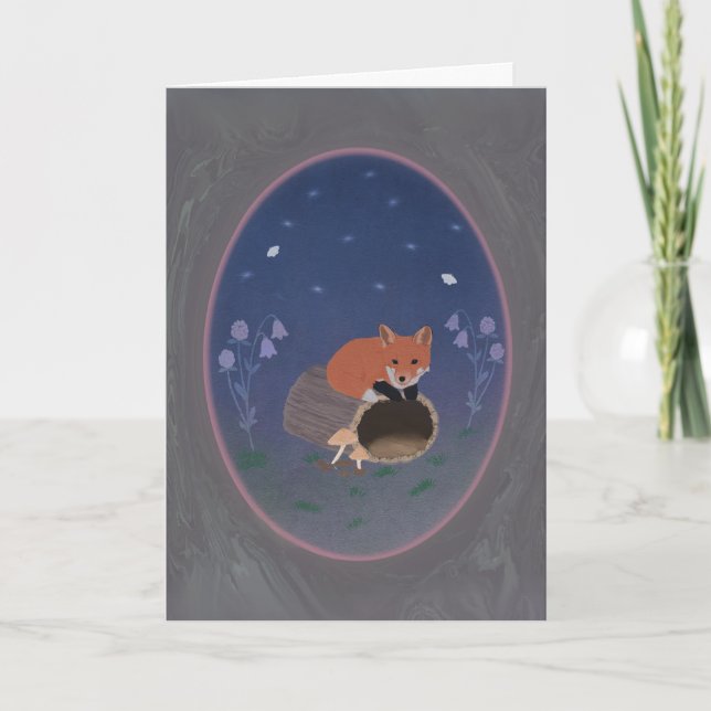 Moonlit Fox on Woodland Log 5x7 Greeting Card (Front)