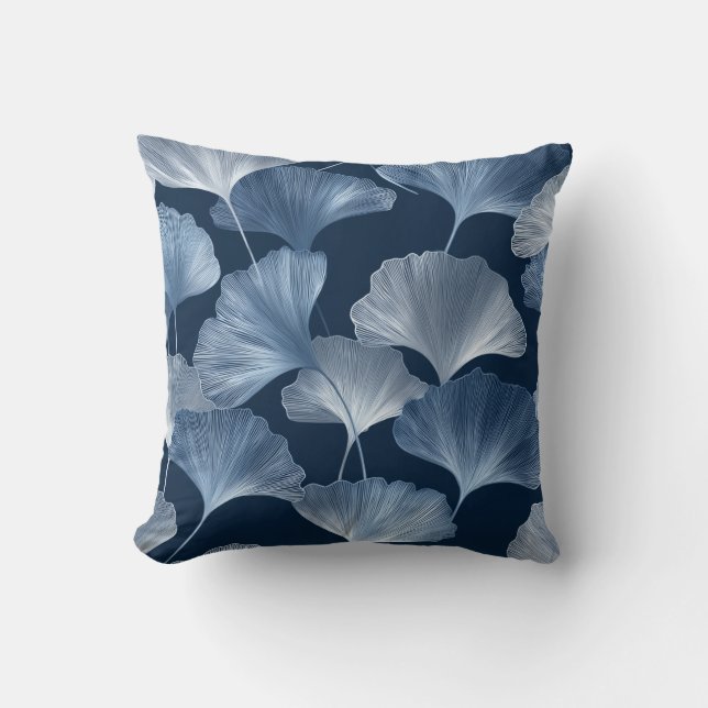 Moonlit Ginkgo – Soft Blue Botanical Calm Throw Pillow (Front)