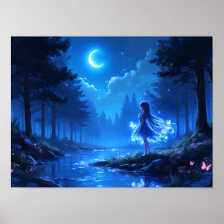 Moonlit Girl in Enchanted Forest Poster