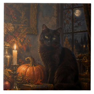 Moonlit Gothic Black Cat Autumn Tile