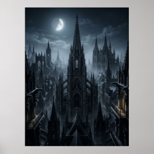 Moonlit Gothic City Spires Poster