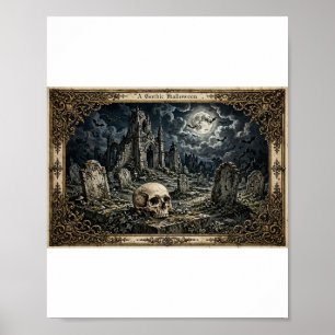 Moonlit Gothic Halloween Cemetery Skull Art Print