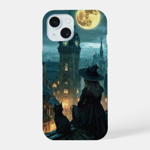 Moonlit Gothic Witch & Black Cat Rooftop iPhone C 15 Case