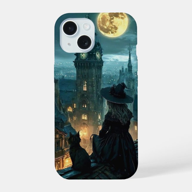 ​Moonlit Gothic Witch & Black Cat Rooftop iPhone C 15 Case (Back)