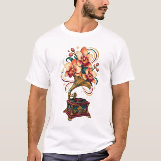 Moonlit Gramophone Orchid Retro T-Shirt