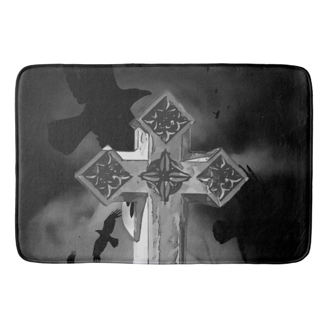Moonlit GraveYard Gothic Cross With Crows Bath Mat (Front)