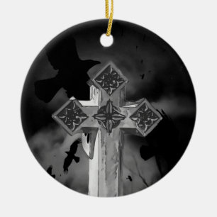 Moonlit GraveYard Gothic Cross With Crows Ceramic Ornament