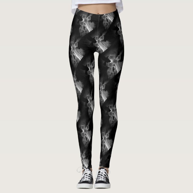 Moonlit GraveYard Gothic Cross With Crows Leggings (Front)